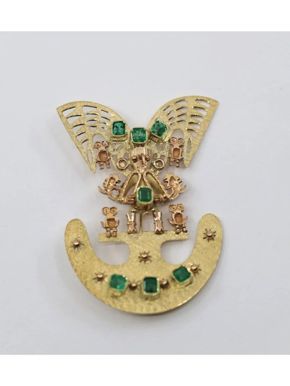 Vintage 18K Gold 7 Emerald Tairona Pre Columbian Brooch Pendant 22.7g Estate Art